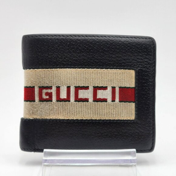 GUCCI Men's Bifold Wallet-Logo Stripe Web Black Leather - Picture 3 of 17